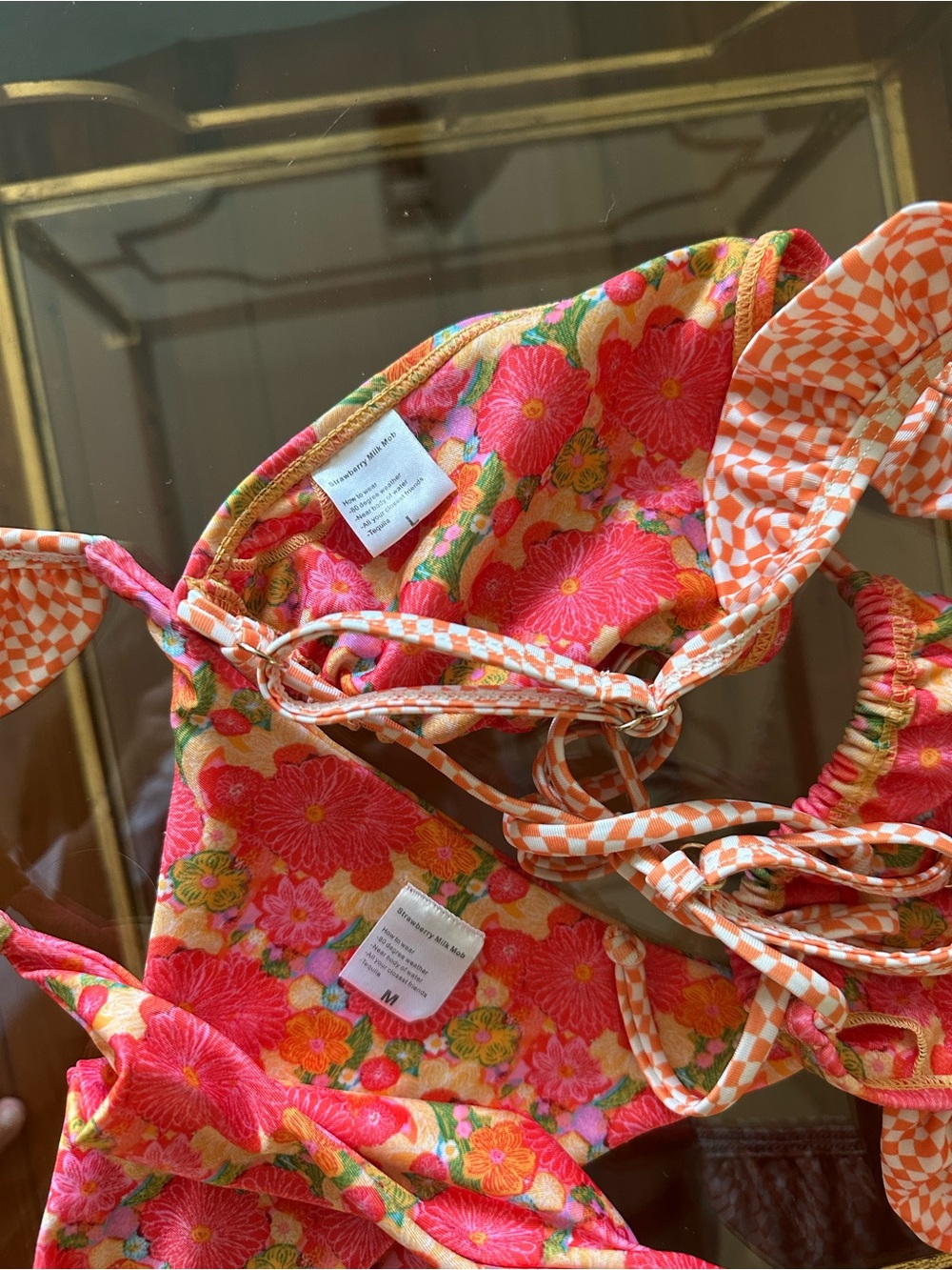 Strawberry Milk Mob Pink Floral & Peach Check Bikini - Picture 4 of 4